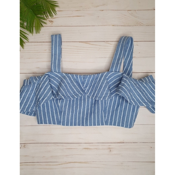 Alexis Benta Ruffle Crop Top, Off The Shoulder Light Blue & White Stripes, Small - Picture 2 of 11